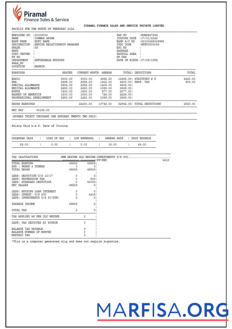 Downloadable Piramal Financial Services payslip download for verification